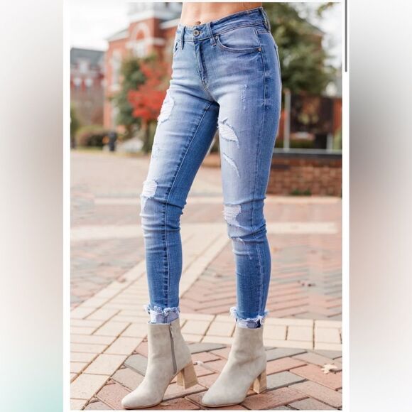 Medium Wash Mid Rise Distressed Jeans - Picture 1 of 14